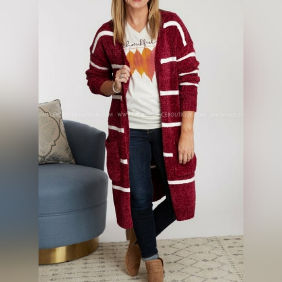ANDREE BY UNIT Sweaters - Andree (NWT) Striped Wine/White Relaxed fit Long Cardigan w/Pockets Size S